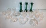 Eleven Punch Cups, Three Green Candlesticks & Glass Dishes