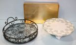 Gold Rectangular Serving Tray, Handpainted Ceramic Rabbit, Cake Stand & Iron and Glass Serving Tray