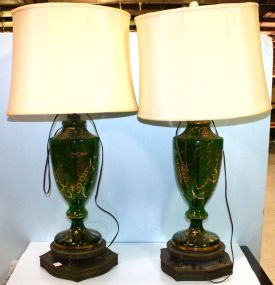 Pair of Green Glass Lamps with Gold Painted Grapes