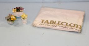 Embroidered Tablecloth & Three Small Porcelain Flowers