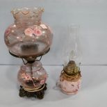 Pink Glass Hand Painted Floral Lamp & Oil Lamp