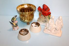 Lenox Candlesticks, Two Broken Bird Figurines, Bisque Figurine of Mary, Joseph and Jesus & Brass Flower Pot