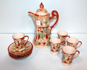 Oriental Porcelain Teapot, Five Cups, Four Saucers