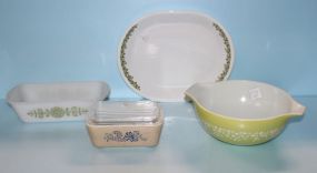 Pyrex Loaf Pan, Large Platter, Pyrex Green Bowl