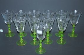 Set of Eleven Wine Glasses with Vaseline Stems