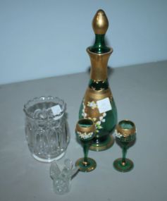 Spooner, Glass Bird, Greeen/ Enamel Decanter, and Two Glasses