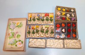 Vintage Glass/ Floral Bottle Stoppers, Set of Porcelain Adderlay Floral Name Plates, Three Box Sets of Small Name Plates, Two Boxes of Twelve Floral/ Glass Name Plates