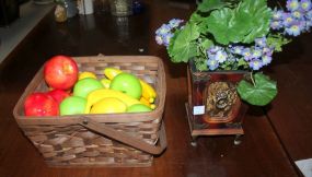 Basket with Plastic Fruit and Flower Container with Violets