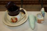 Pottery Bird Planter, Wall Pocket, Small McCoy Bowl and Pitcher