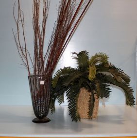 Glass and Metal Vase, and Wicker Basket for Plant