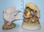 Porcelain Yellow Bird Music Box and a Porcelain Dove on a Stand