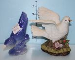 Porcelain Blue Bird and a Porcelain Dove with Wings on a Stand with Flowers