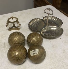 Assorted 4 Decorative Balls, Silver Plate Shell Serving Tray, Elegant Brass Stand With Three Dragons