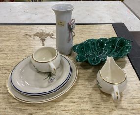 Porcelain Creamer, Plates, Cup, Vase, and Pottery Leaf Dish