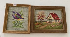 Two Needle Point Cross Stitch Bird and Homeplace