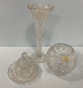 Etched Glass Flower Vase, Dish, and Bowl