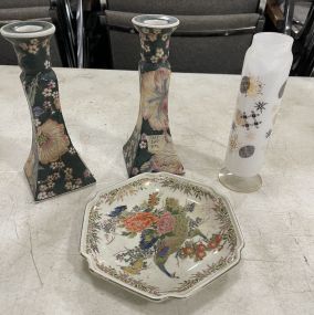 Two Candlestick Holders, Porcelain Bowl, and Modern Vase