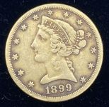 1899 Liberty Head Half Eagle 5 Dollar 90% Gold Coin