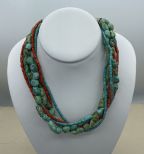 Tibetan Made Sterling Silver Capped Turquoise + Coral Multi Strand Beaded Necklace