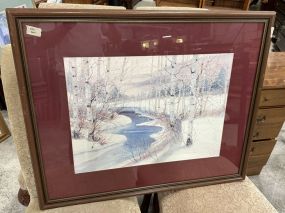 Framed Watercolor Print of Snowy Landscape