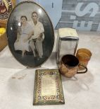 Vintage Oval Picture Frame, Brass Cup, Carnival Cup, and Coke Napkin Holder