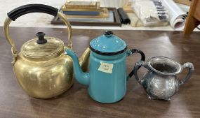 Brass Pitcher, Enamel Pitcher and Silver Plate Sugar