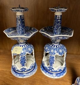 Pair of Blue and White Pottery Andrea Candle Stick