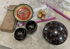 Lacquer Ware Chinese Sauce Bowls, and Small Wood Figurines