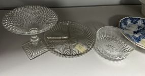 Vintage Glass Compote, Divided Dish, and Bowl