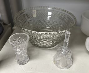 Vintage Pressed Glass Bowl, Vase, and Bell