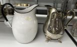 Enamel White Water Pitcher and Silver Plate Pitcher