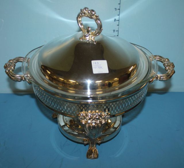 Silverplate Chafing Dish with Burner and Pyrex Liner