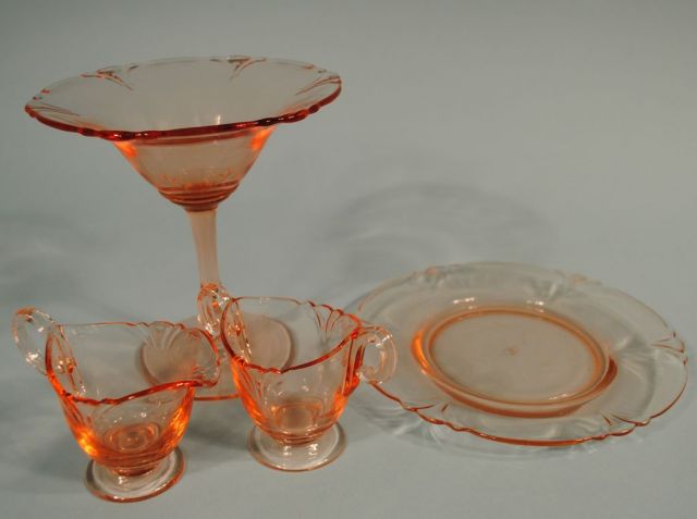 Heisey Flamingo Empress Compote, Plate, Creamer & Sugar