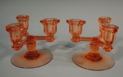 Pair Heisey Flamingo Tricorn Candlesticks